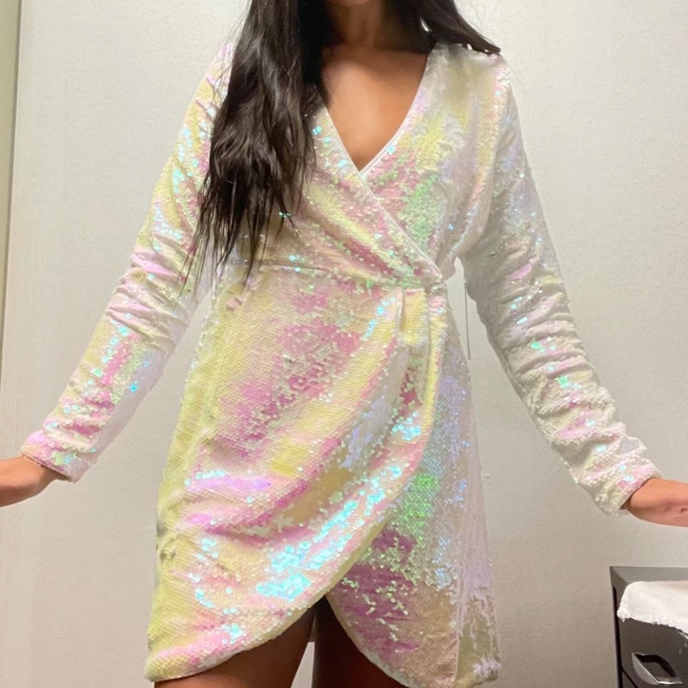 Iridescent White Sequin Wrap Dress